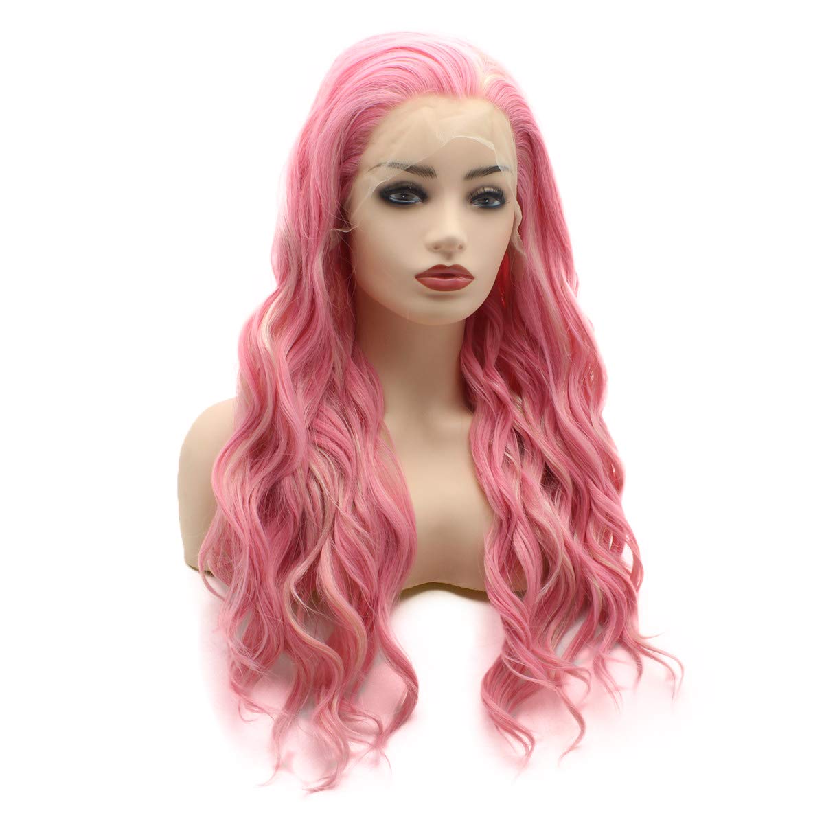 Meiyite Hair Wavy Long 24inch Pink and Light Blonde Mix Heavy Density Realistic Synthetic Lace Front Wigs