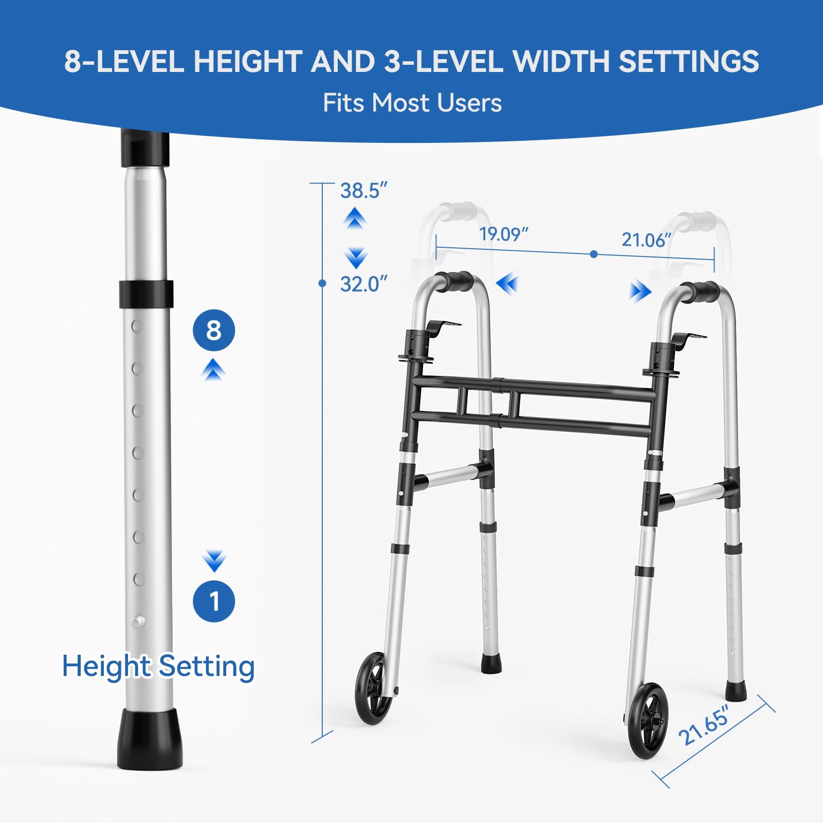 Loyoda Folding Walkers for Seniors,Medical Bariatric Walker Lightweight 5'' Front Wheel Walker Height and Width Adjustable Aluminum Standard Walker for Handicap