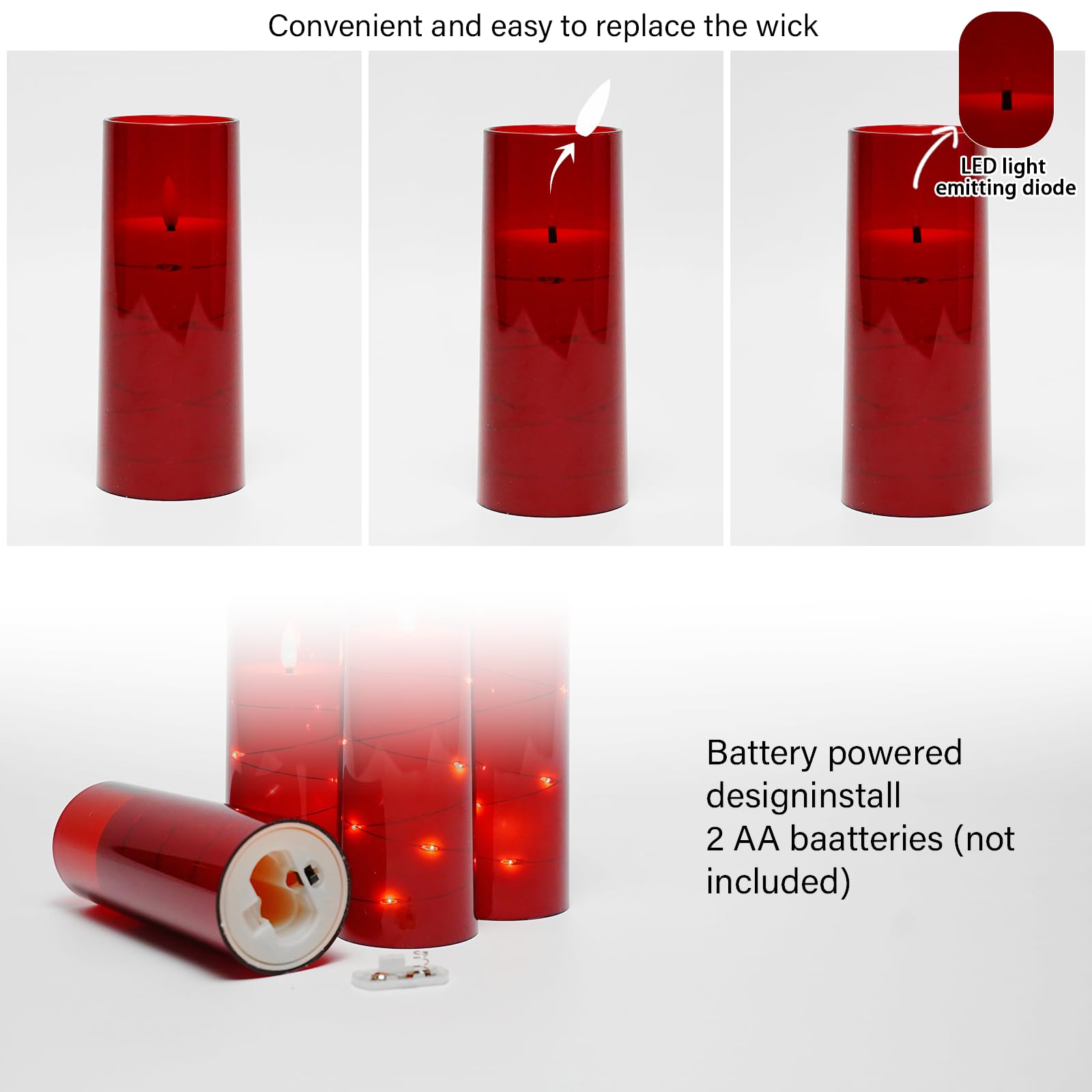 kakoya Flameless LED Candles with Timer 5 Pc Flickering Flameless Candles for Romantic Ambiance and Home Decoration Stable Acrylic Shell,with Embedded Star String,Battery Operated Candles(Red)