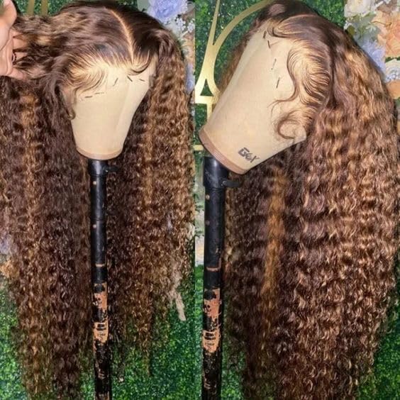 ZANPAL 4/27 Highlight Lace Front Wig Human Hair 18 Inch Honey Blonde Curly Human Hair Wig 180 Density 13x4 Hd Transparent Frontal Wig Ombre Deep Curly Wig For Black Women Pre Plucked With Baby Hair