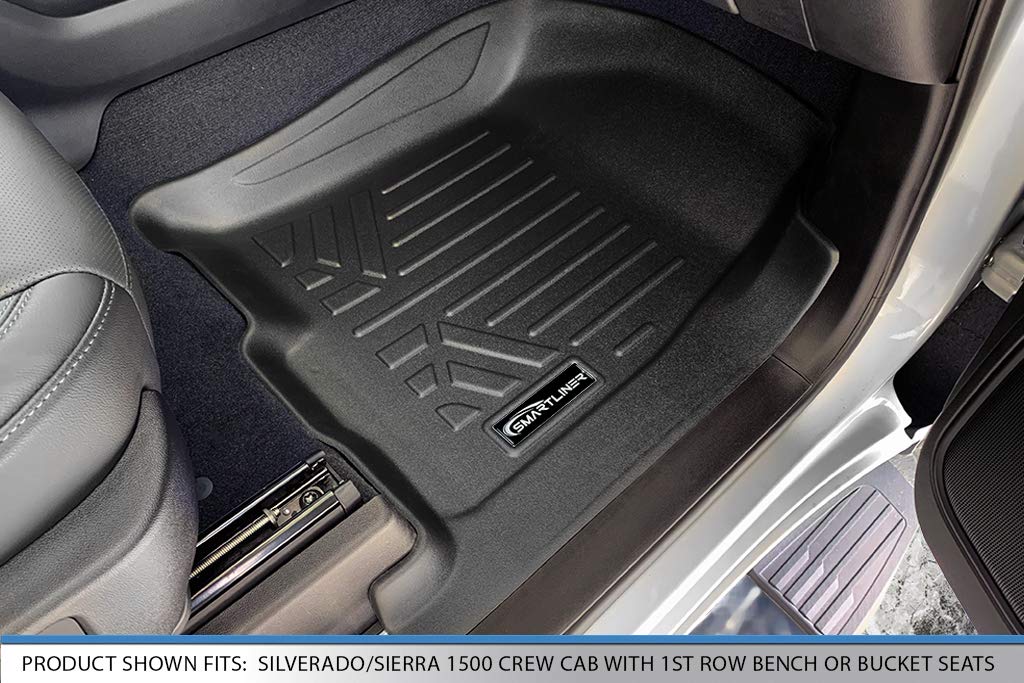 SMARTLINER Floor Mats 2 Row Liner Set Black Compatible with 2019-2022 1500 Silverado/Sierra Crew Cab - 2020-2022 2500/3500 HD Crew Cab