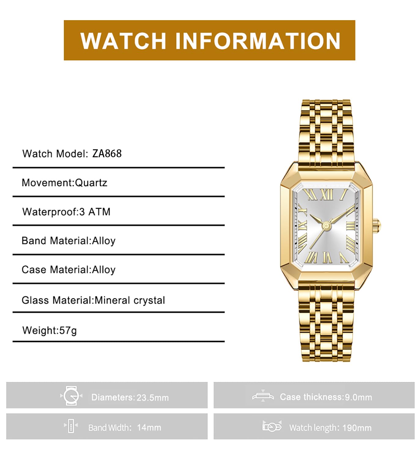 BESTKANG Vintage Gold Roman Numeral Watch for Women, Rectangular Alloy Bracelet, 3ATM Waterproof Quartz Movement with Tools (Gold Green)