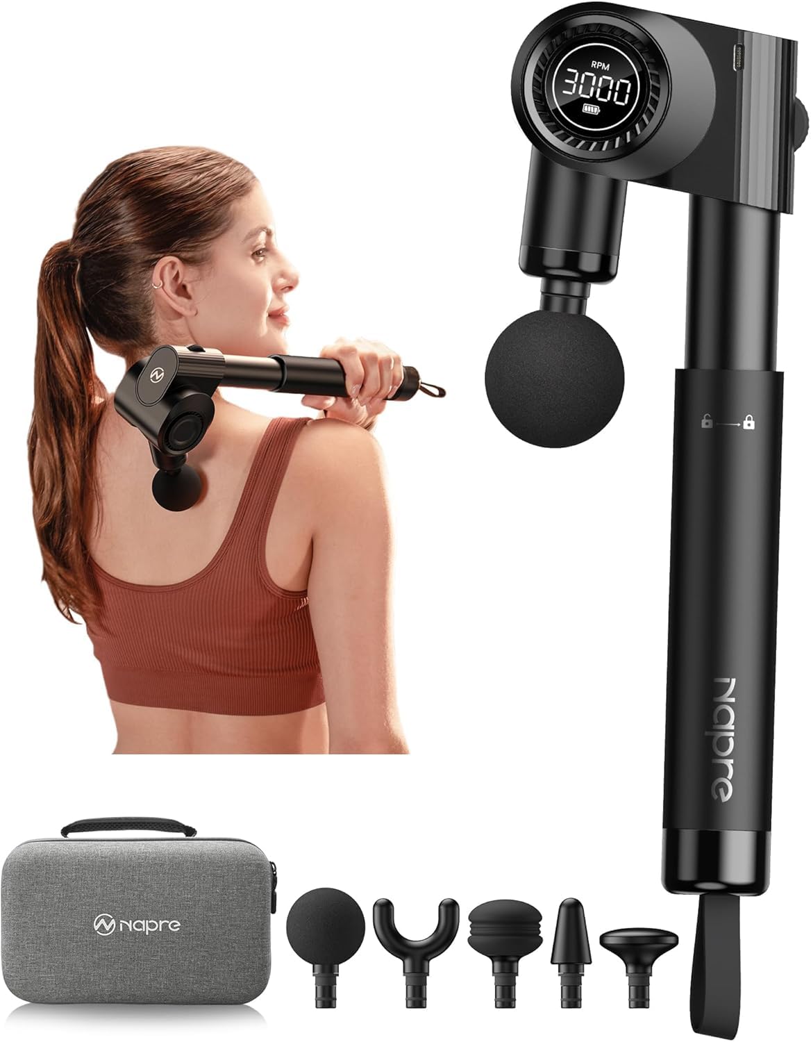 Napre Foldable Massage Gun Deep Tissue with 5 Adjustable Angles,Portable Percussion Back Massager for Muscle/Neck/Body Pain Relief with Long Extension Metal Handle, 32-Speed Levels, with Carrying Case