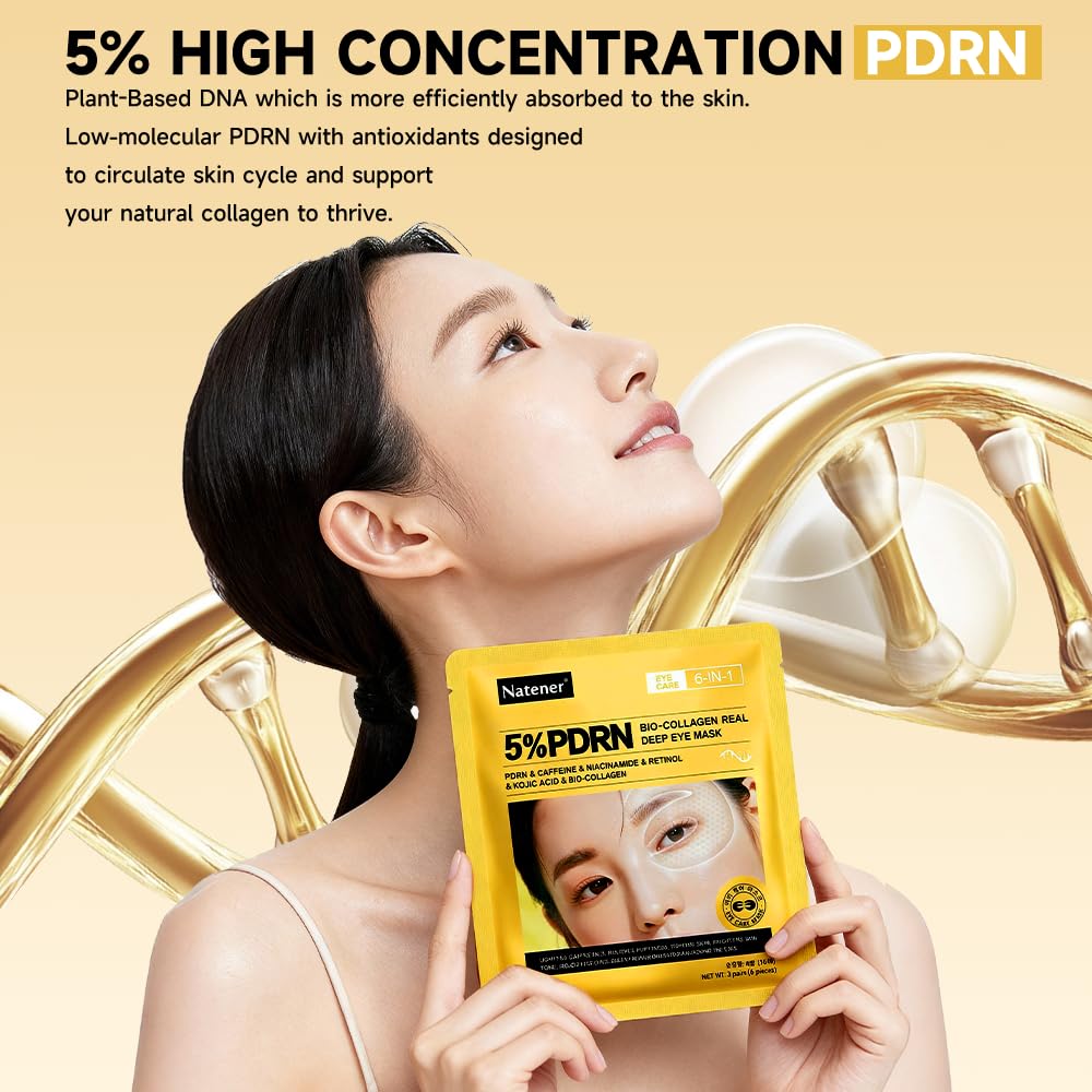 8 Pairs 5% PDRN Under Eye Patches, 6-in-1 Bio-Collagen 360° Eye Patches for puffy eyes, dark circles & Wrinkle | 2% Caffeine, Kojic acid, Retinol, Hyaluronic, Niacinamide | Korean Eye Care
