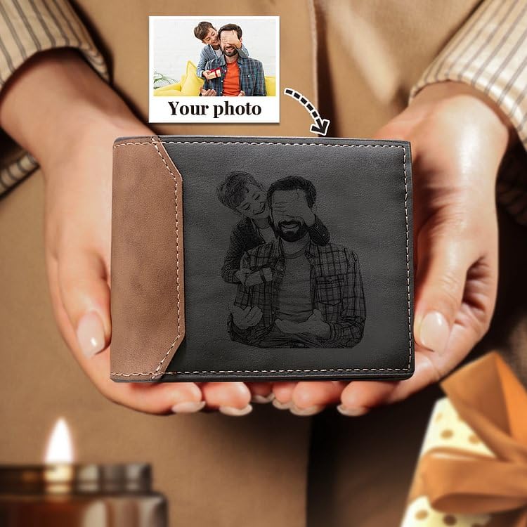 Amsgedhie Personalized Photo Mens Wallets Leather: Custom Initial Name Bi-fold Wallet for Men Father - Men's wallets Wallet for Dad Boyfriend Grandpa Birthday Gift (Gray Photo Monogram)