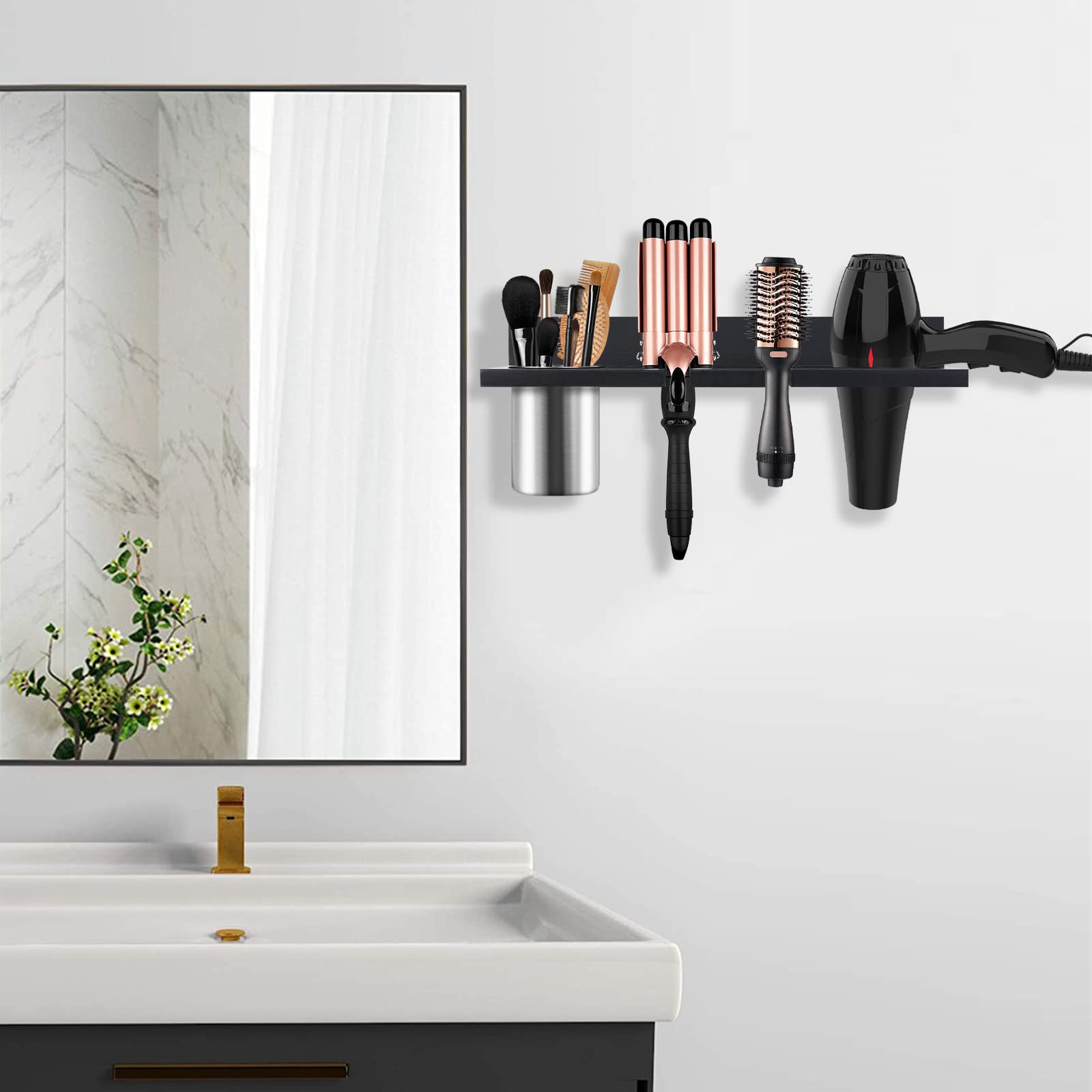 seashpea Hair Tool Organizer Wall Mounted - Wooden Dryer Holder, Blow Dryer Holder for Bathroom, Rustic Styling Tools Organizer for Flat Iron, Curling Wand, Hair Straighteners, Brushes, Black
