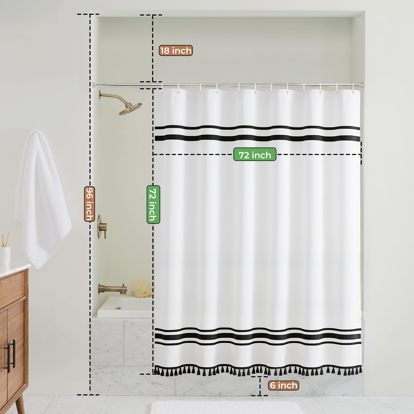 Seasonwood Black and White Shower Curtain Farmhouse Shower Curtain Striped Shower Curtains for Bathroom Sets Boho Shower Curtains with Tassels Modern Bathroom Curtains Decor Waterproof Fabric 72"x72"