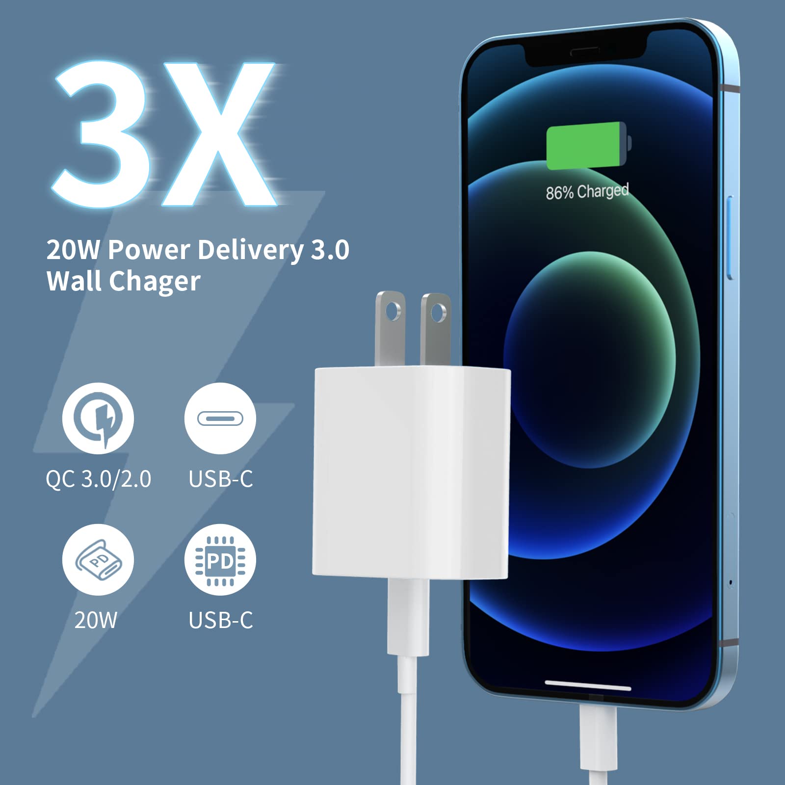 Phone 16 15 14 13 Fast Charger 3Pack, iGENJUN 20W USB C Charger Wall Charger Block with PD 3.0, Compact USB C Power Adapter for Phone 16/16 Pro/15, Galaxy, Pixel, AirPods Pro - White