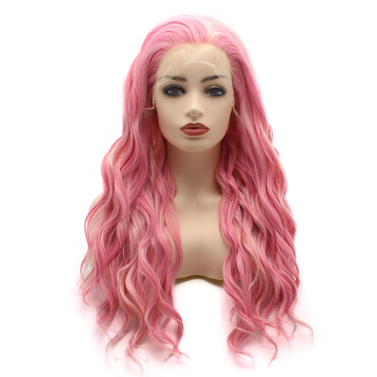 Meiyite Hair Wavy Long 24inch Pink and Light Blonde Mix Heavy Density Realistic Synthetic Lace Front Wigs