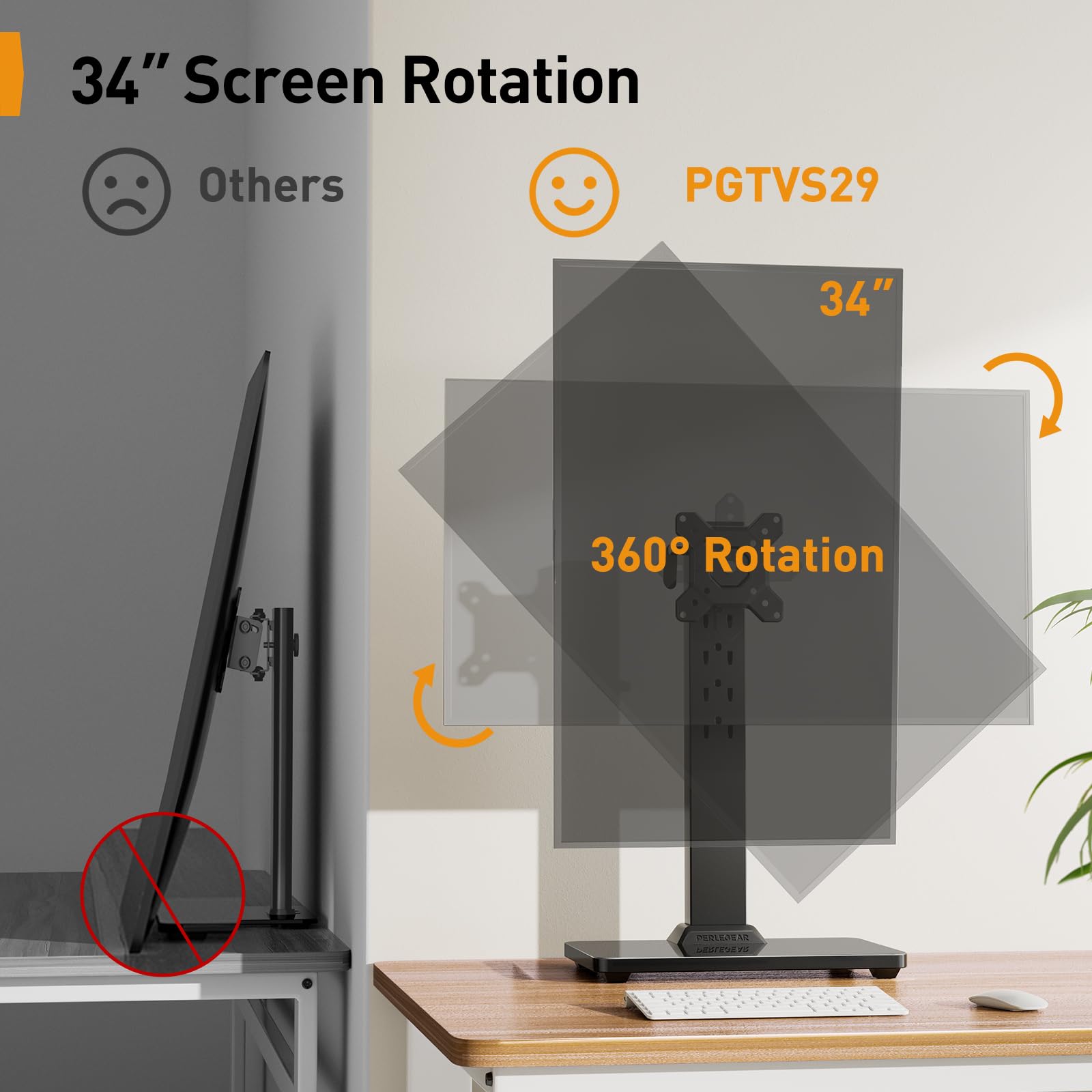 Perlegear Monitor Stand, Freestanding Monitor Mount for 13-34 inch Screens with 360 Degree Rotation, 5 Height Settings, Adjustable Monitor Desk Riser with Swivel and Tilt, Max VESA 100x100mm, PGTVS29