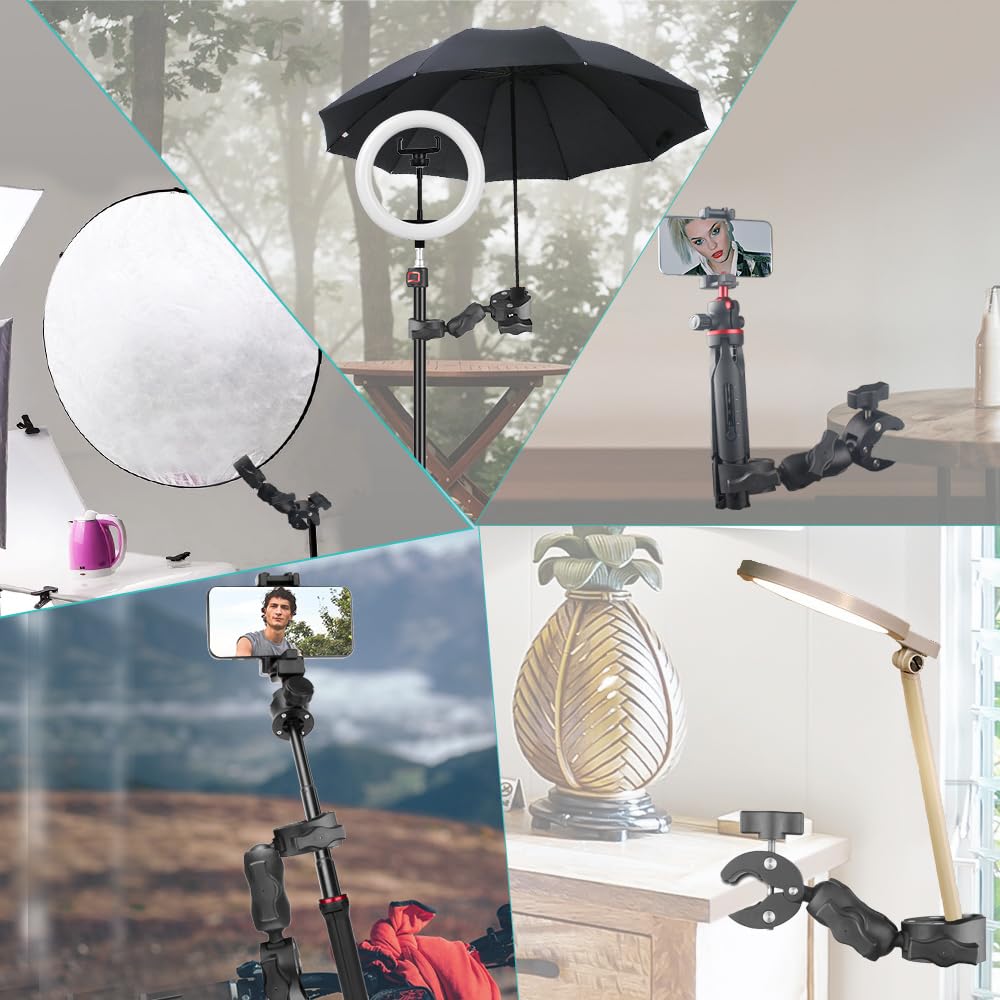 JEBUTU Double Mount Clamp Camera Bracket for Umbrella Chair Pole Boat, Double Super Clamp Camera Mount for Stroller Photography Reflector Tripod Table
