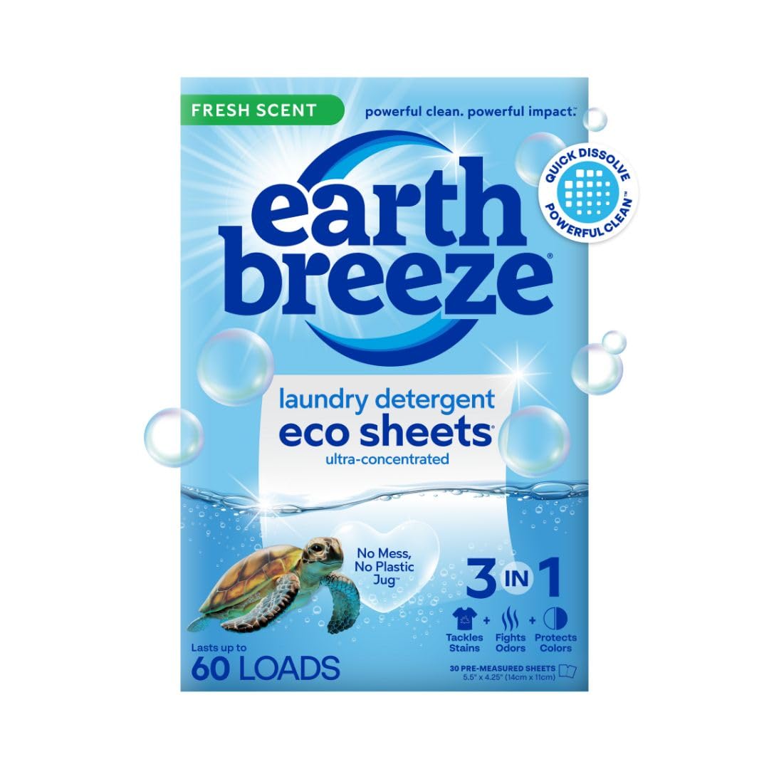 Earth Breeze Laundry Detergent Sheets Fresh Scent - 60 Loads No Plastic Jug Concentrated Laundry Detergent 30 Sheets