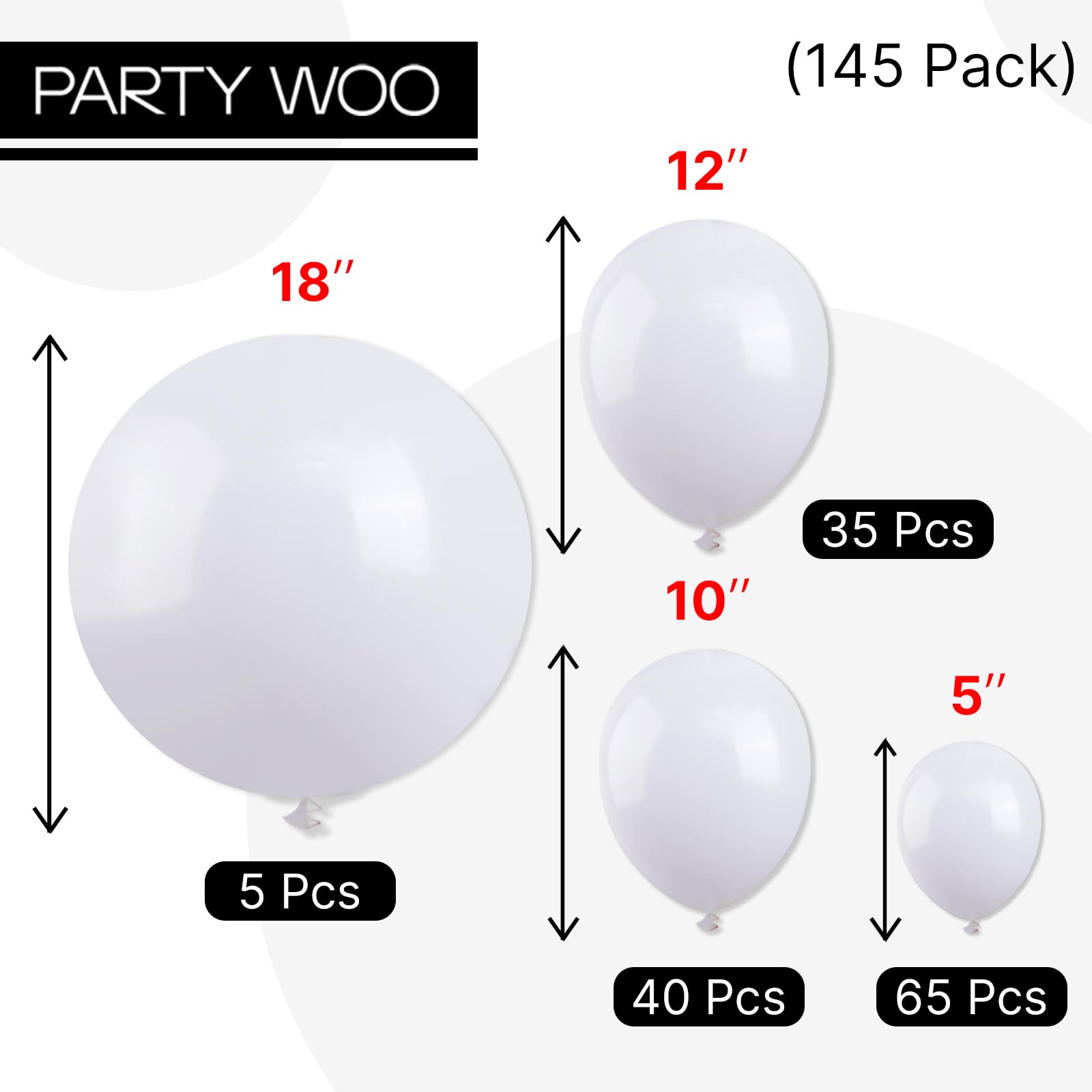 PartyWoo White Balloons 145 pcs Different Sizes Pack of 18 12 10 5 Inch Matte White Latex Balloon Arch Kit Garland for Wedding Bridal Graduation Baby Shower Birthday Party Decorations White-Y13