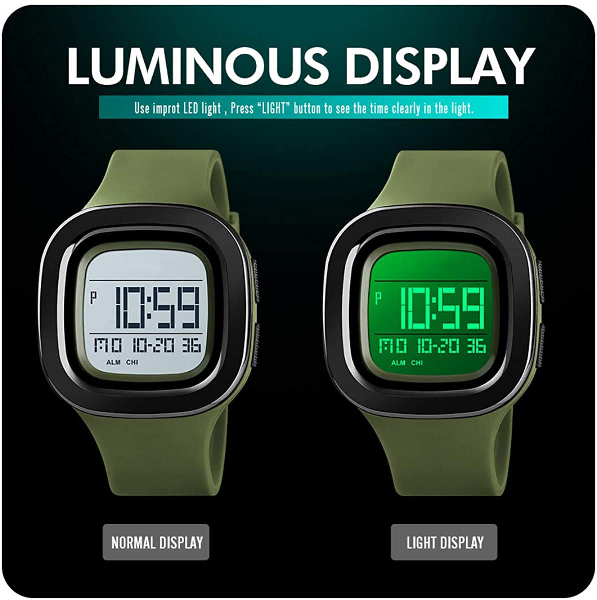BESTKANG Unisex Outdoor Sports Watches LED Large Face Digital Sports Watch Military Waterproof Men Women Student Watches (B-Green)