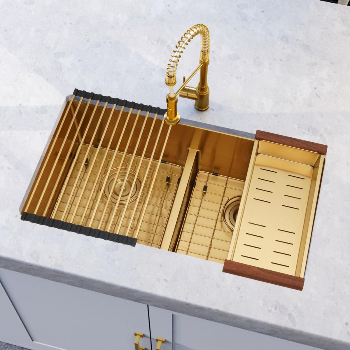 Zeesink Gold Undermount Kitchen Sink 32 X 18 inch,Double Bowl Kitchen Sinks,16 Gauge Stainless Steel Undermount Sink,Special Low-Divide Design