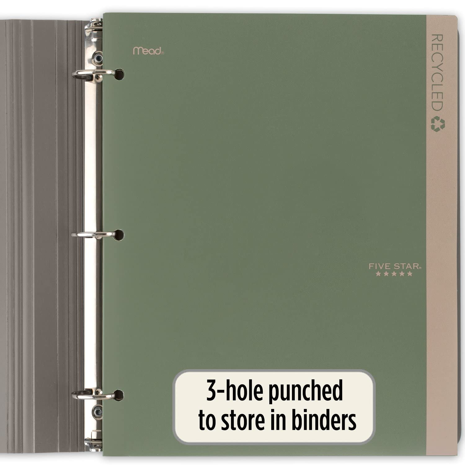 Five Star 2 Pocket Folders, 4 Pack, Recycled Plastic Folders with Stay-Put Tabs and Prong Fasteners, Fits 3-Ring Binder, Holds 11” x 8-1/2” Paper, Writable Label, Clay, Green, Blue, Gray (33002)