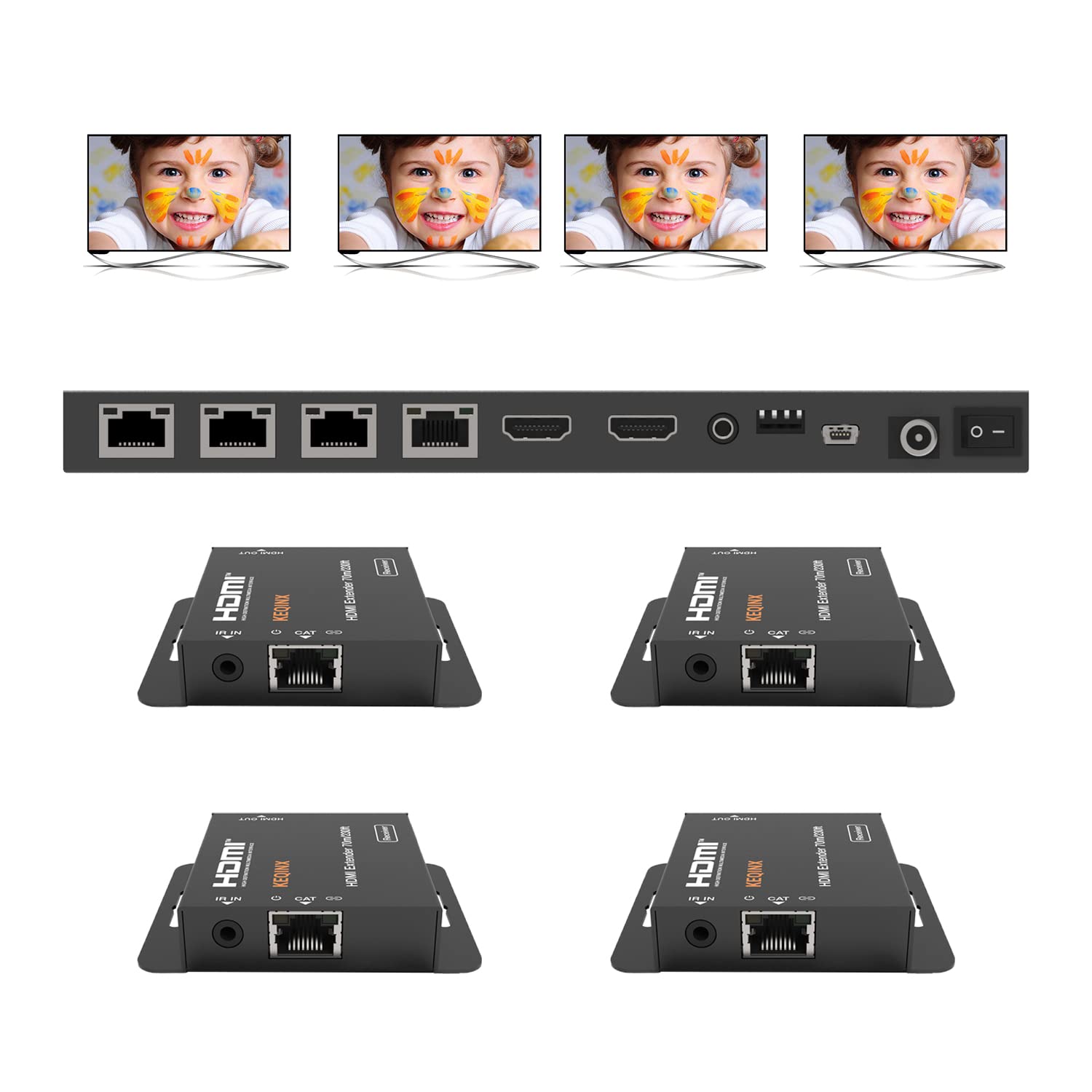 KEQINX 1x4 HDMI Extender Splitter 4K Over Cat6 70m/230ft POC with 4X Receivers IR Control EDID HDMI Over Ethernet Splitter