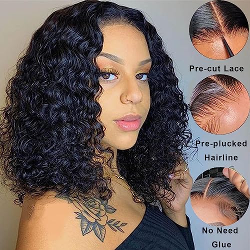BLY 6x4 HD Lace Glueless Bob Wig Human Hair Ready to Wear and Go Short Bob Lace Pre Cut Wig Deep Wave Hair 10 Inch for Women Pre Plucked Natural Black Color Wet and Wavy