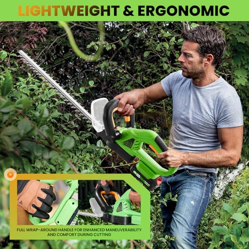 Saker Cordless Hedge Trimmer, 20” 22V Electric Bush Trimmer Handheld Shrub Trimmer, Lightweight Hedge Clippers with Dual-Action Blades, 9/16" Cutting Capacity, 1 Battery and Charger Included