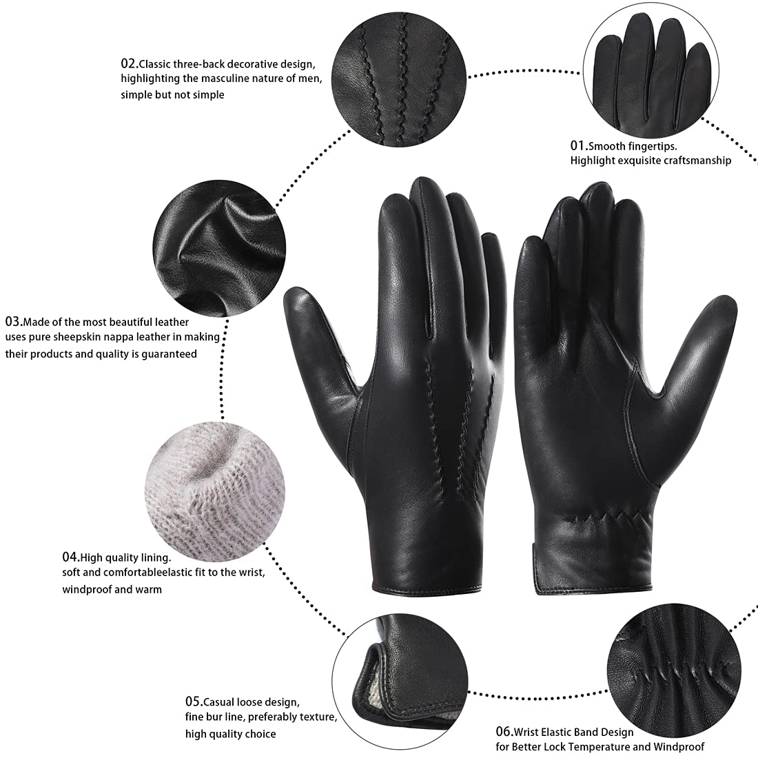 Harssidanzar Leather Gloves for Men, Winter Sheepskin Driving Riding Gloves Cashmere Lined,Black, Size XS