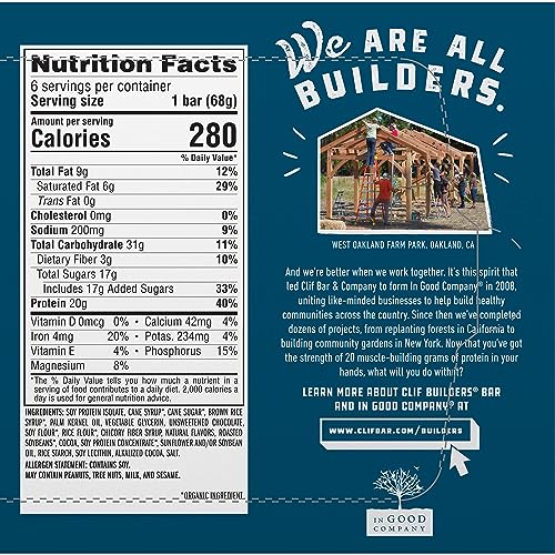 CLIF Builders - Chocolate Mint Flavor - Plant Based Protein Bars - Gluten Free - Non-GMO - Low Glycemic - 20g Protein - 2.4 oz. (6 Pack)