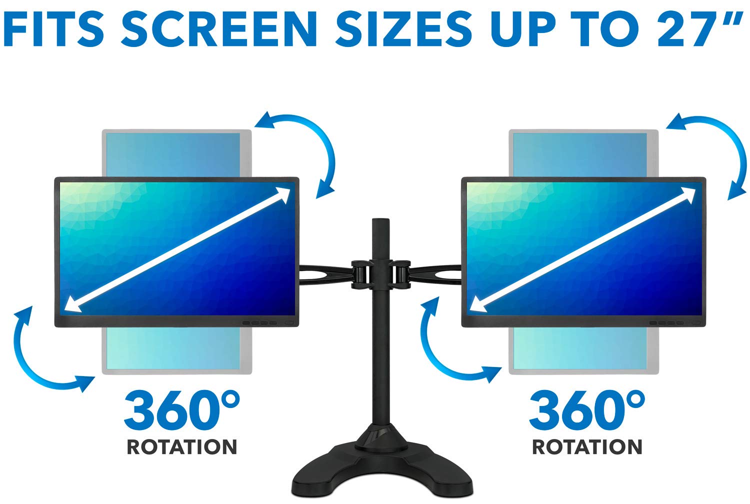 Mount-It! Free Standing Dual Monitor Stand | Double Arm Desk Mount Fits Two x 21 24 27 Inch Computer Screens | 2 Heavy Duty Full Motion Adjustable Arms | VESA 75 100 Compatible | Grommet Base Included
