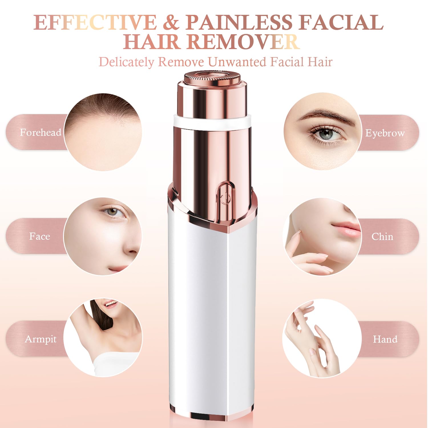 Facial Hair Removal for Women, Portable Lady Shaver, 2 x Replacement Heads Included, Rechargeable Painless Hair Remover for Face, Upper Lips, Chin, Peach Fuzz