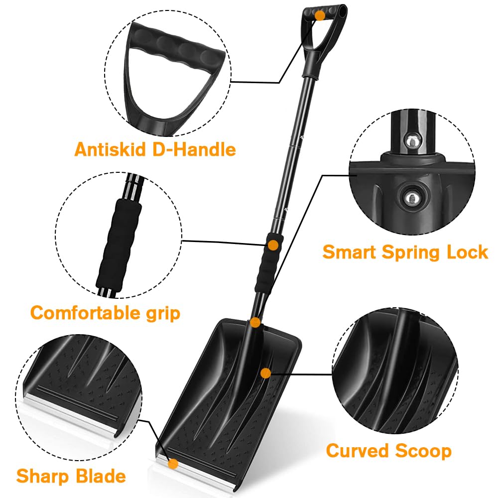 Snow Shovel, Snow Shovels for Snow Removal Heavy Duty Portable Sport Utility Detachable Shovel for Driveway Car Emergency Home Garden Camping Beach