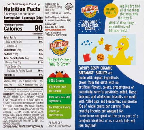 Earth's Best Organic Kids Snacks, Sesame Street Toddler Snacks, Organic Breakfast Biscuits for Kids 2 Years and Older, Blueberry, 5 Packs of 2 Biscuits per Box (Pack of 6)