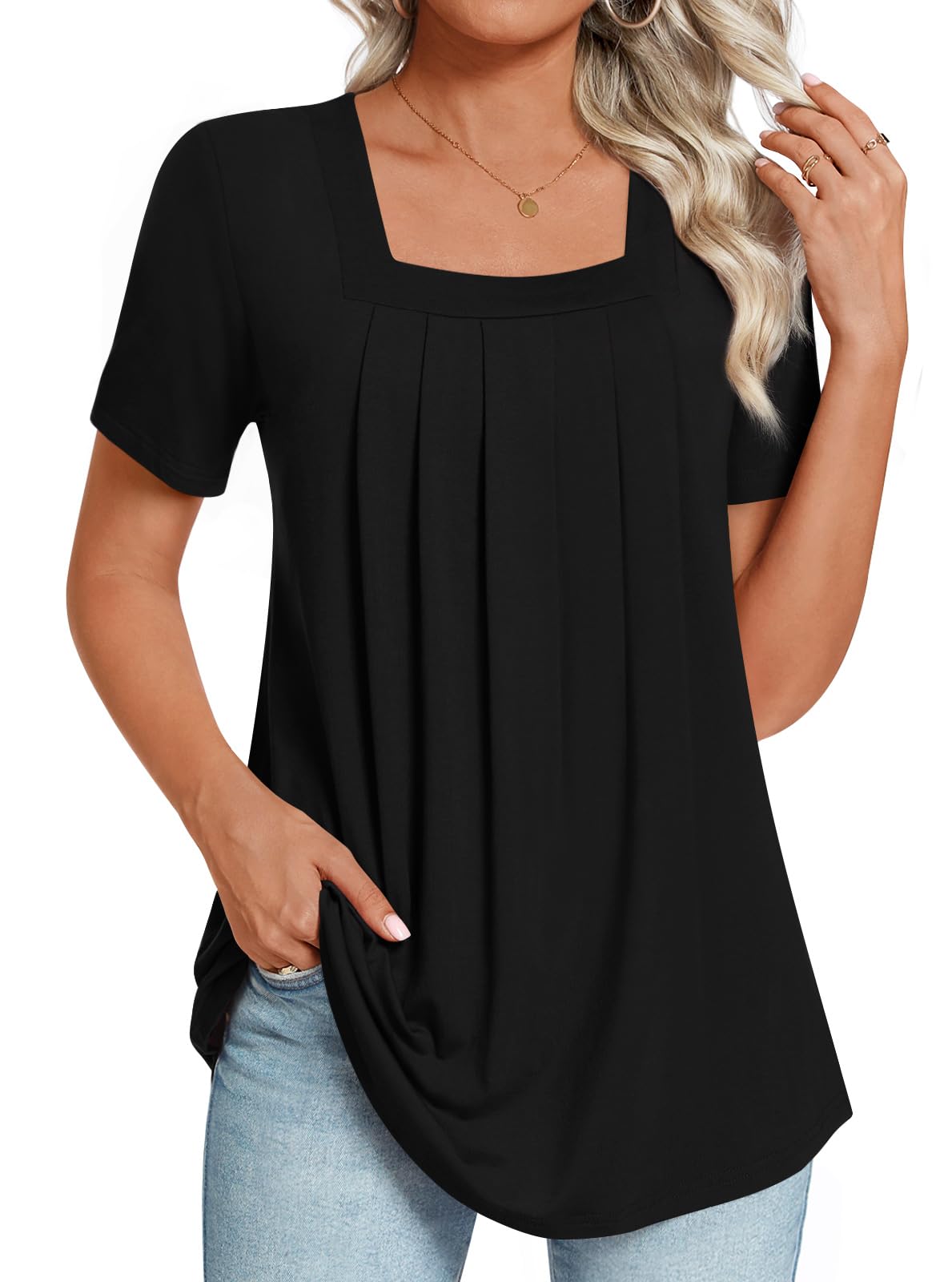 LONGYUAN Womens Tunic Tops 2025 Summer Casual Square Neck Shirts Black Large