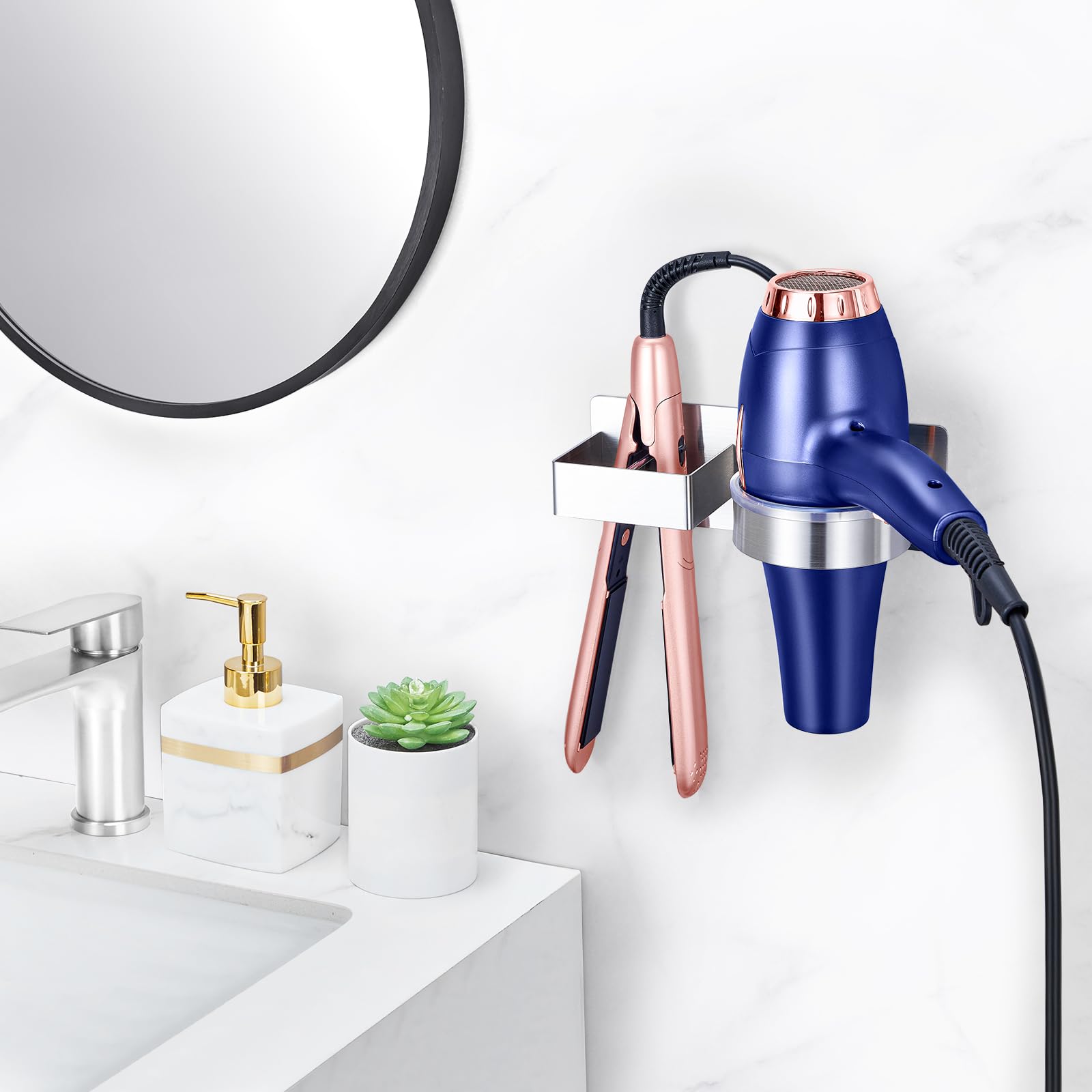 Hair Dryer Holder Wall Mounted, Hair Straightener Holder, Stainless Steel Blow Dryer Holder, Hair Tool Organizer for Hairdryer Holder Storage, Adhesive Curling Iron Holder for Bathroom Vanity