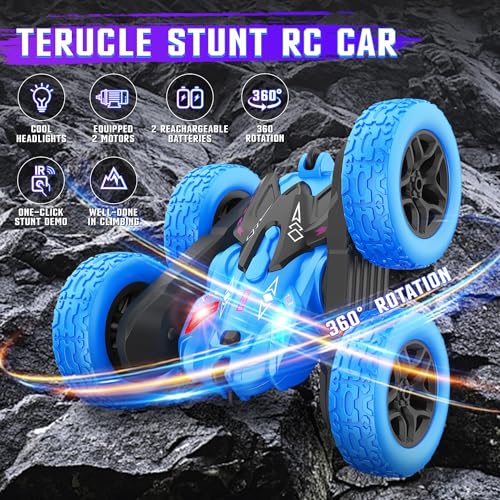 Terucle Remote Control Car, Rc Cars Stunt RC Car Toys New Upgraded Strip Lights and Headlights Car Toys Double-Sided 360° Rotating 4WD Rc Drift Truck for Boys Girls Birthday Gift (Blue)