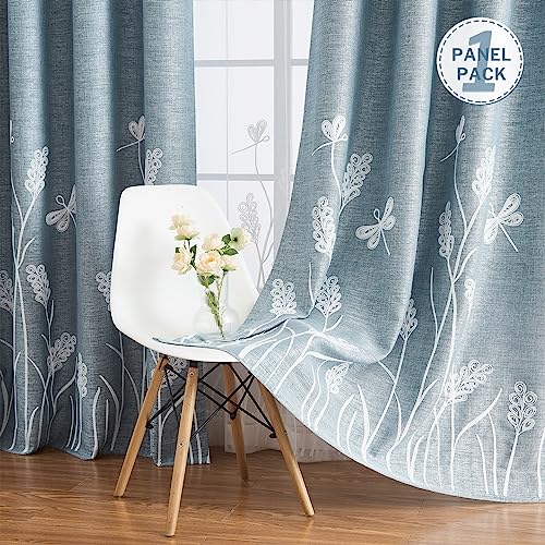 Melodieux Wheat Embroidery Linen Blackout Curtains for Living Room Bedroom Grommet Window Drape, White Wheat/Aqua Blue, 52 by 84 Inch (1 Panel)