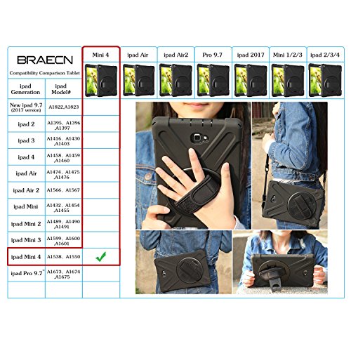 BRAECN for iPad Mini5 Case,iPad Mini4 Shockpoof Case Three Layer Drop Protection Rugged Heavy Duty Cover w/ 360 Degree Swivel Stand/Hand Strap and Shoulder Strap for iPad Mini 2019 Case (Black)