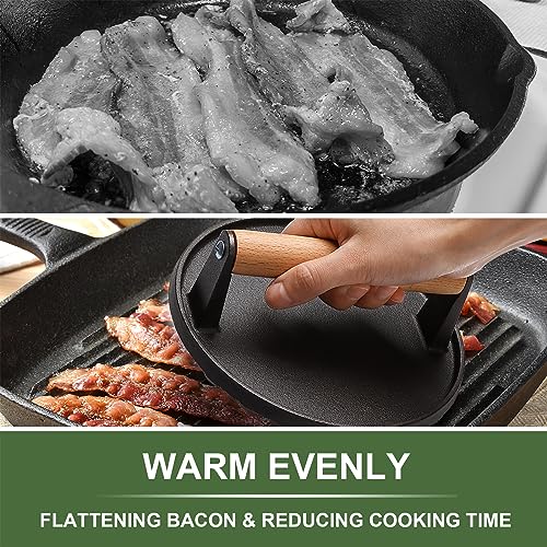 EWFEN Burger Press, 8.2"X4.3" Rectangle Heavy-Duty Cast Iron Smash Bacon Press Meat Steak with Wood Handle for Griddle, Sandwich, Nonstick Pan