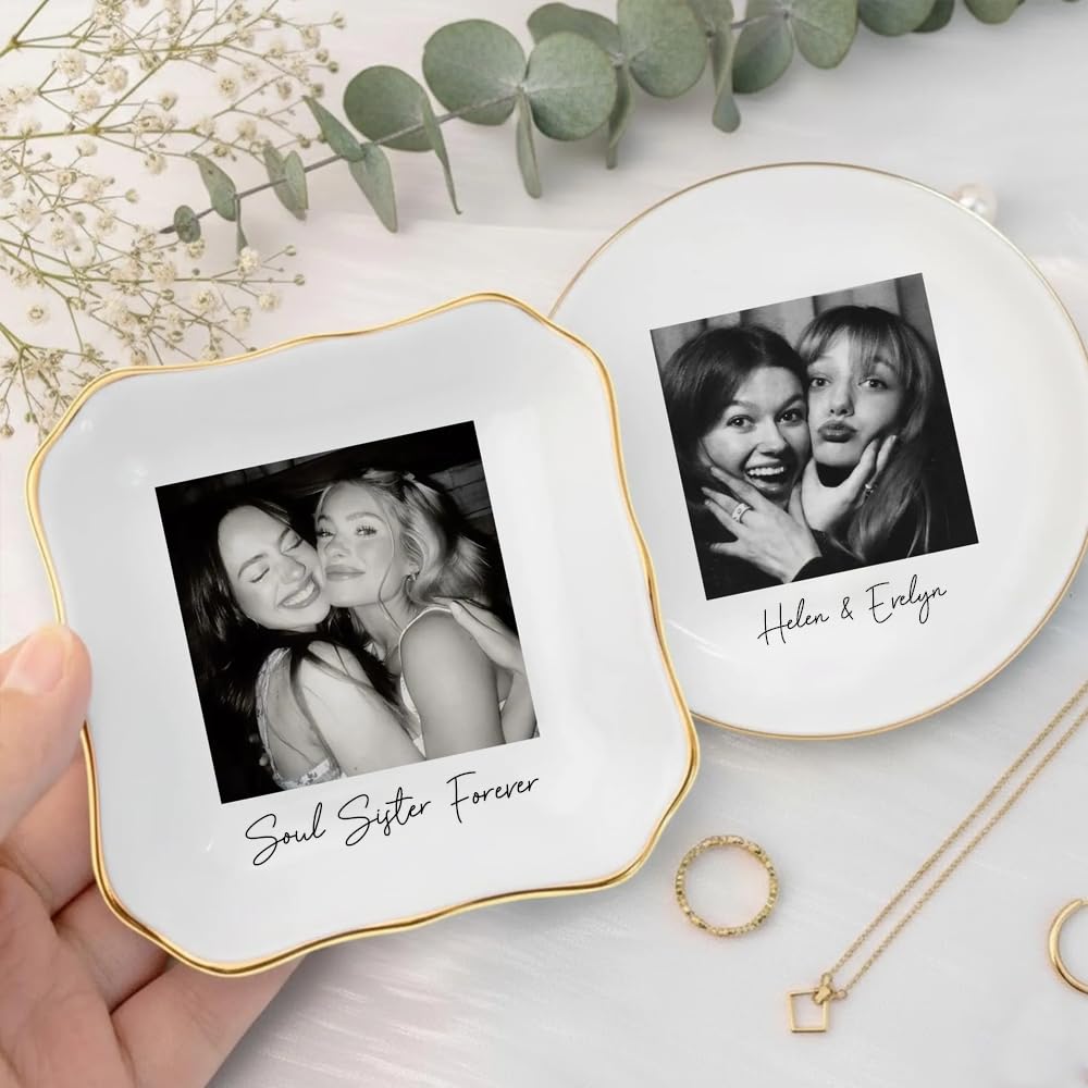 POPPOP Personalized Bestie Photo Jewelry Dish, Custom Ceramic Trinket Tray for Best Friend or Sister, Gift For Besties, Soul Sister Gifts, Birthday Ring Dish Gift For Best Friends