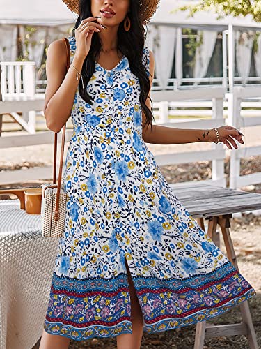 TEMOFON Women's Dress Bohemian Short Sleeve Summer V-Neck Split Floral Printed Casual Maxi Dresses for Beach Party Blue M