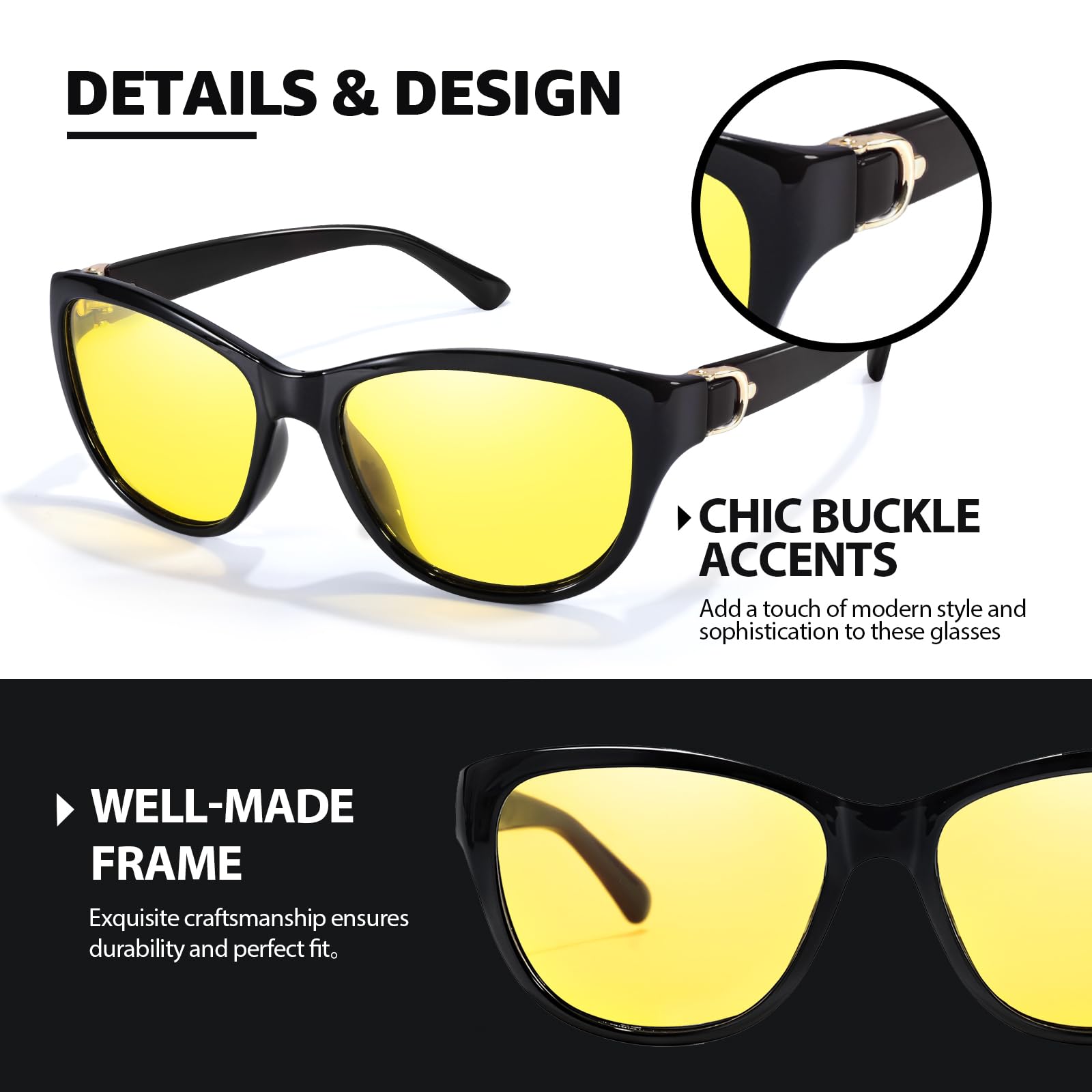 TJUTR Night Vision Driving Glasses for Women, Polarized Yellow Tint Anti Glare Low Light Vision Eyewear for Nighttime Driving