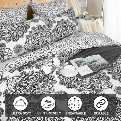 PHF Ultra Soft Boho Duvet Cover Twin Size, Printed Bedding Set 2 Pieces, Comfy Farmhouse Pattern Duvet Cover Set with 1 Pillow Shams, Zipper Closure and 6 Ties, 68"x90", Black & White