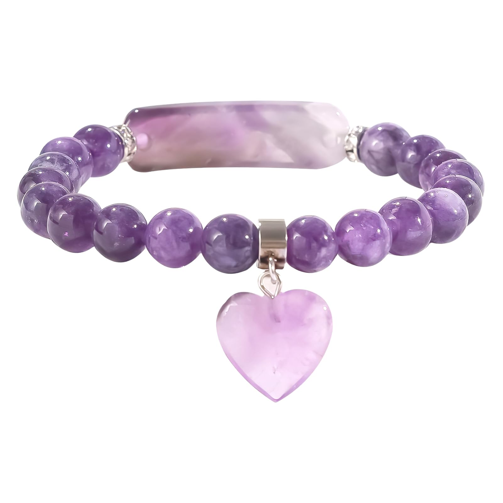 Jawfait Amethyst Healing Stone Bracelet for Women,Heart Charm Beads Crystal Energy Bracelet Stretch 8mm Handmade Jewelry