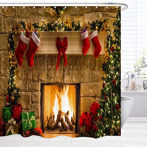 BROSHAN Christmas Shower Curtain Fabric Small, Xmas Season Eve Fireplace Gifts Socks Print Holiday Shower Curtain for Shower Stall, Red Christmas Bathroom Decor Set with Hooks, 60 x 72