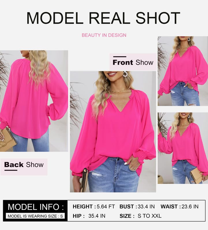 SHEWIN Womens Casual Spring Summer V Neck Long Sleeve Chiffon Blouses Shirts Loose Back Pleated Flowy Tunic Tops for Women 2024,US 8-10(M),Light Purple