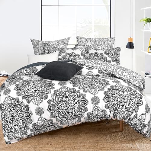 PHF Ultra Soft Boho Duvet Cover Twin Size, Printed Bedding Set 2 Pieces, Comfy Farmhouse Pattern Duvet Cover Set with 1 Pillow Shams, Zipper Closure and 6 Ties, 68"x90", Black & White
