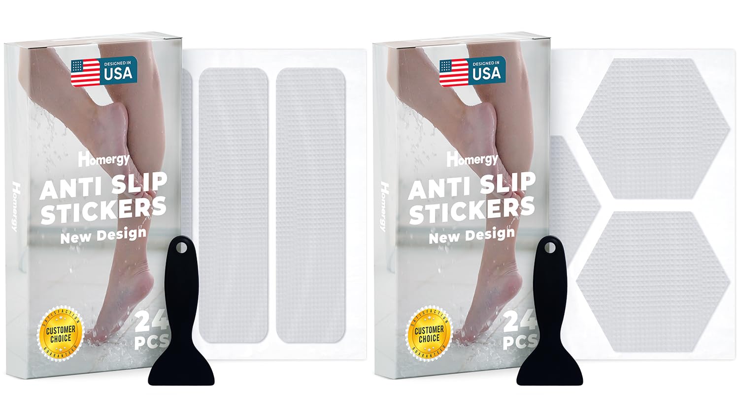 Homergy Hexagon and Rectangle - Anti-Slip Shower Stickers, 48 PCS Clear Adhesive Safety Strips