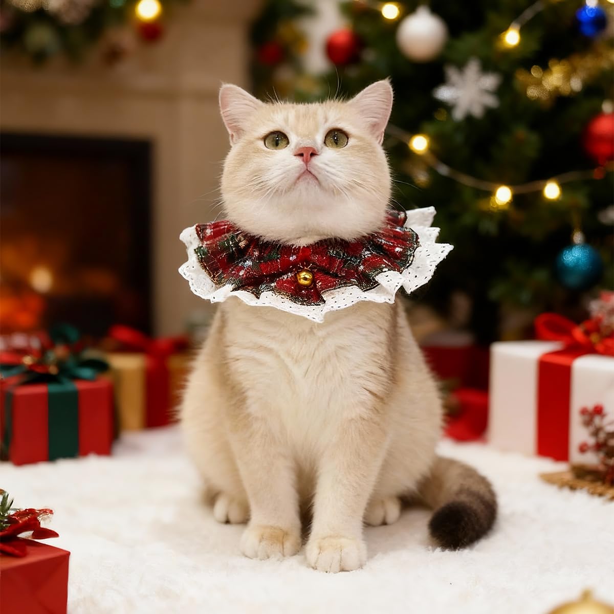 Dog Christmas Outfit – Holiday Dog Bandana with Bells, Plaid Scarf for Small Dogs & Cats, Cute Cat Christmas Outfit for Winter Parties & Photos (L)