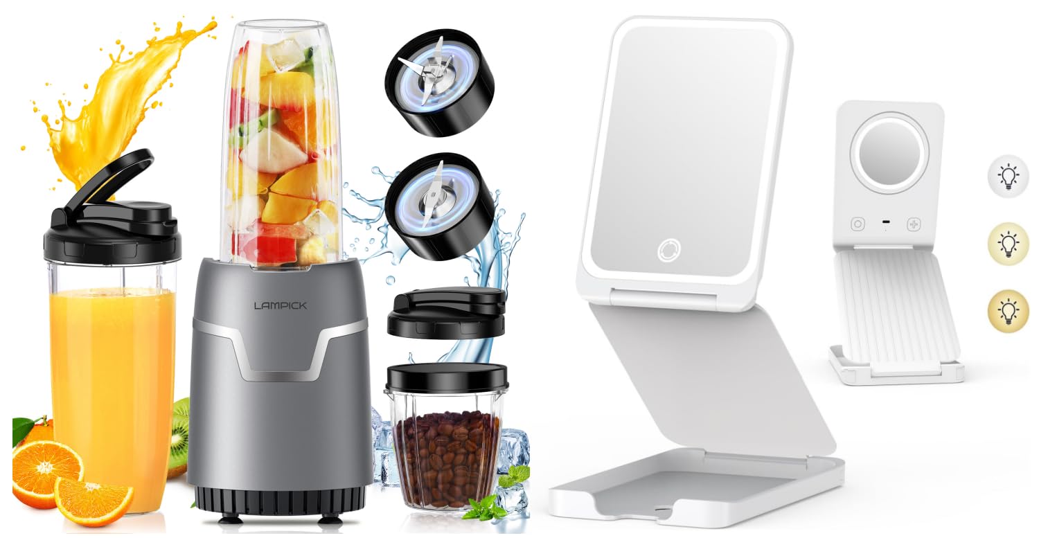 LAMPICK Smoothie Blender 1100-Peak Watts Bundle Travel Makeup Mirror with Lights