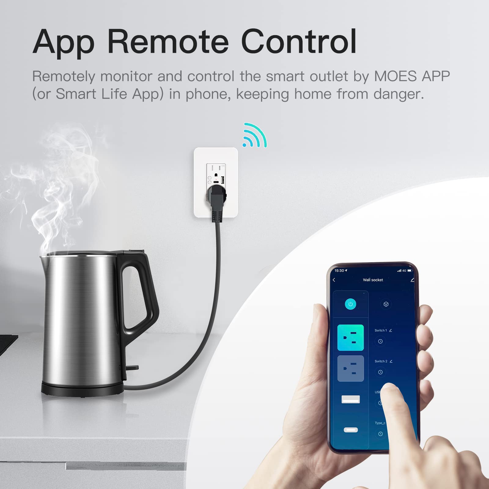 MOES Smart USB Wall Outlet Receptacle with Type-C & Type-A Charger, 2.4GHz Wi-Fi in-Wall Plug Socket, Remote Individual Control On/Off 15Amp, NO Hub Required