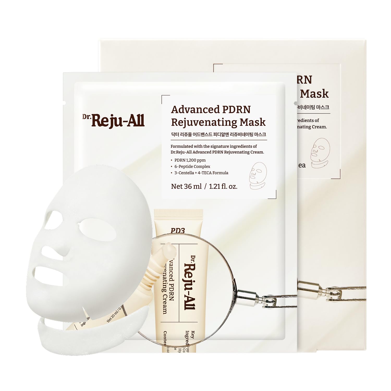 Dr. Reju-All Advanced PDRN Rejuvenating Mask - Face & Neck Korean Sheet Mask with 1,200 ppm PDRN, Collagen & Copper Peptides - Hydrating & Soothing, Skin Repair (1.2 Fl Oz x 4EA)