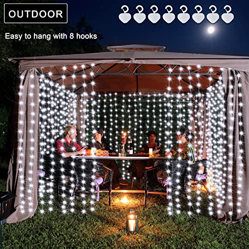 echosari Christmas Curtain Lights Solar Powered 7.9ft x 6ft 144 LED Outdoor Curtain Lights Waterproof with Timer 8 Modes for Christmas Garden Patio Fence Wedding Wall Window Gazebo Decor Cool White