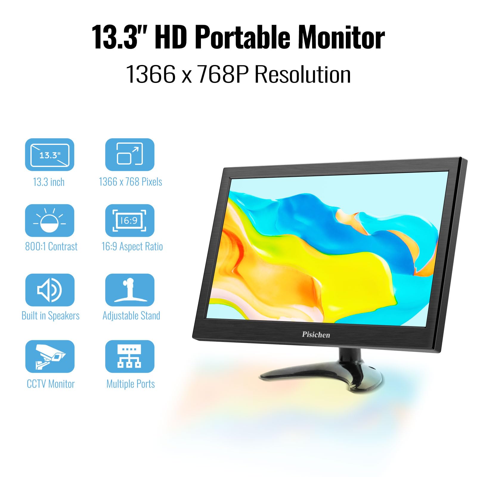 Pisichen Portable Mini 13.3" HDMI Monitor, 1366x768 LED, HDMI/VGA/USB/AV/BNC Input for PC/Laptop/PS4/Ras Pi, Wall Mountable, Built-in Speakers
